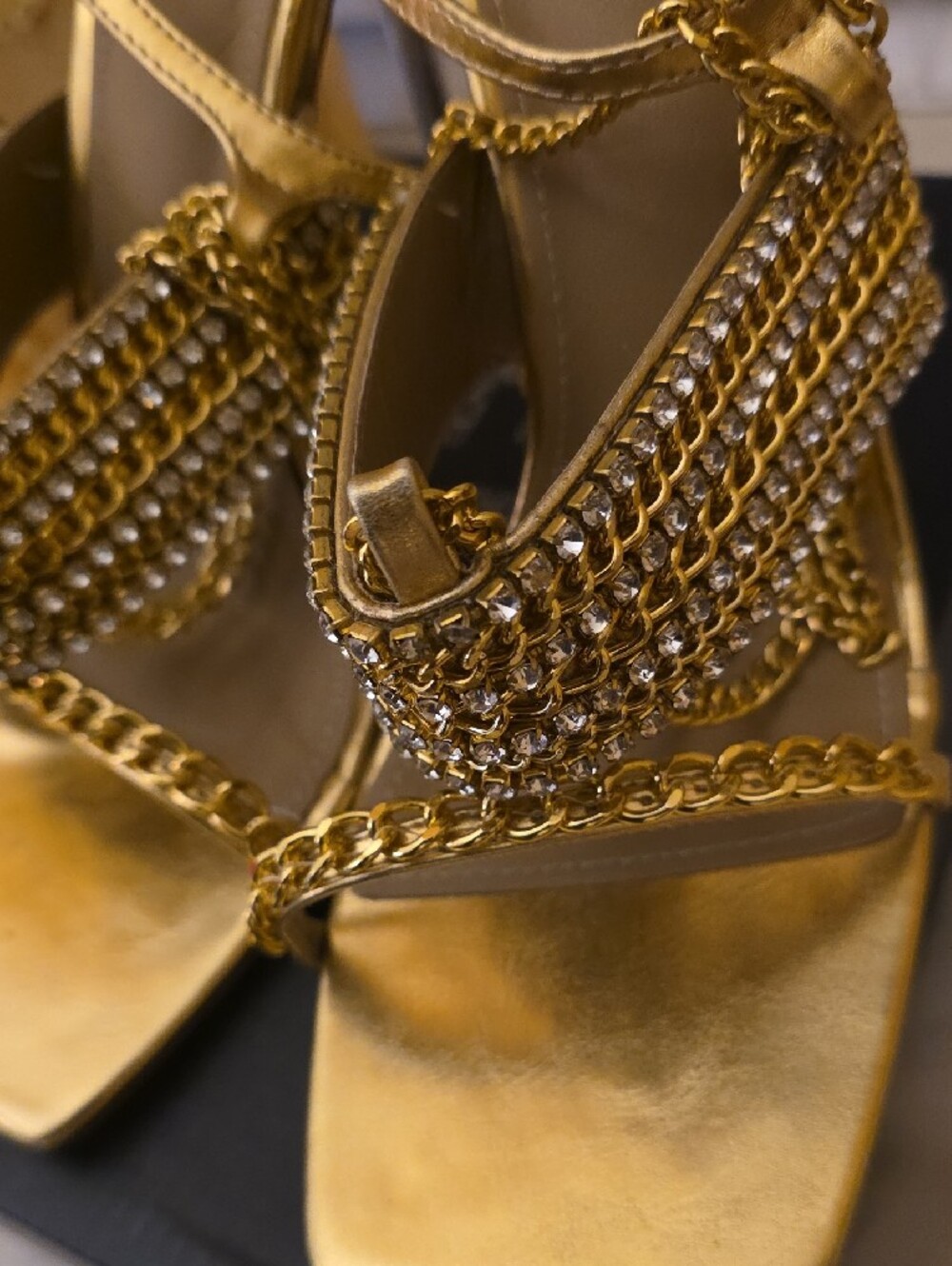 EGO Metallic Gold Chain-Strap Square Toe Heels - Picture 2 of 4